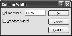 The Column Width dialog box lets you set an exact width as a number. (The number doesn’t actually have a concrete meaning—it’s supposed to be a width in characters, but because modern Access uses proportional fonts, different characters are different sizes.) You can also turn on the Standard Width checkbox to reset the width to the standard narrow size, or click Best Fit to expand the column to fit its content (just as when you double-click the edge of the column).