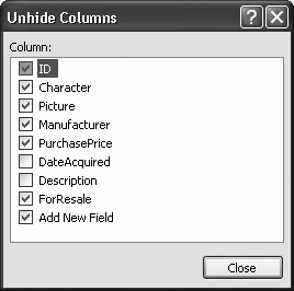 Using the Unhide Columns dialog box, you can choose to make hidden columns reappear, and (paradoxically) you can hide ones that are currently visible. Every column that has a checkmark next to it is visible—every column that doesn’t is hidden. As you change the visibility, Access updates the datasheet immediately. When you’re happy with the results, click Close to get back to the datasheet.