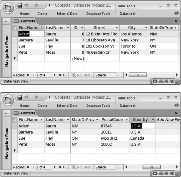 Top: In this example, the FirstName and LastName field are frozen. They appear initially at the left. (The ribbon’s collapsed in this figure to make more room, as described in Section 1.4.2.)Bottom: When you scroll to the side to see more information, the FirstName and LastName columns stay put.