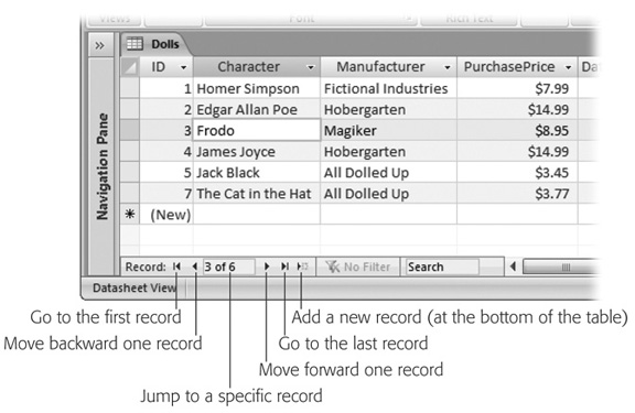 You could easily overlook the navigation buttons at the bottom of the datasheet. These buttons let you jump to the beginning and end of the table, or, more interestingly, head straight to a record at a specific position. To do this, type the record number (like “4”) into the box (where it says “3 of 6” in this example), and then hit Enter. Of course, this trick works only if you have an approximate idea of where in the list your record’s positioned.