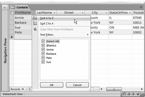 This text field gives you the choice of sorting alphabetically from the beginning of the alphabet (A to Z) or backward from the end (Z to A). The menu also provides filtering options, which are described in Section 3.2.2.