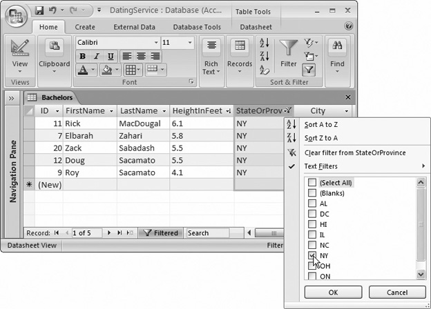 This list of eligible bachelors is sorted first by height (in descending largest-to-smallest order), and then filtered to include only those hopefuls who live in the state of New York. A checkmark indicates that records that have this value are included in the datasheet. Others are hidden from view.