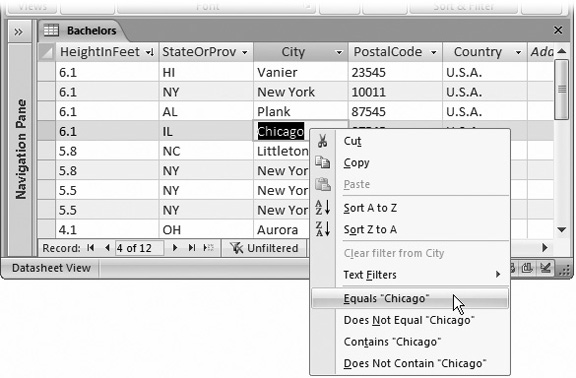 Depending on the data type, you see slightly different filtering options. For a text field (like the City field shown here), you have the option to include only the records that match the current value (Equals “Chicago”), or those that don’t (Does Not Equal “Chicago”). You also have some extra filtering options that go beyond what a quick filter can do—namely, you can include or exclude fields that simply contain the text “Chicago.” That filter condition applies to values like “Chicagoland” and “Little Chicago.”