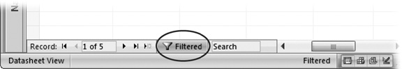 Right next to the navigation controls at the bottom of your datasheet is a Filtered/Unfiltered indicator that tells you when filtering’s applied. You can also use this box to quickly switch your filter on and off—clicking it once removes all filters, and clicking it again reapplies the most recent set of filters.