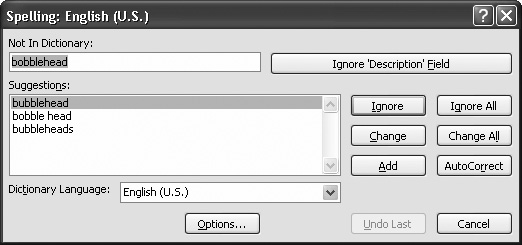 When Access encounters a word it thinks is misspelled, it highlights the word. Unlike Microsoft Word, Access doesn’t let you edit your file while the Spelling window’s active. You have to either click one of the options on the Spelling window—for example, clicking Change to replace the misspelled word with the first suggested spelling—or cancel the spell check.