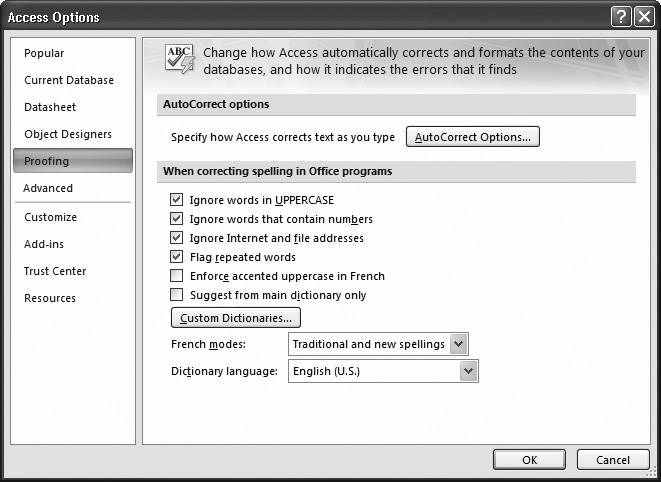 The spell checker options let you specify the language and a few other miscellaneous settings. All spell check settings are language-specific; the last box in the window indicates the language you’re currently using.