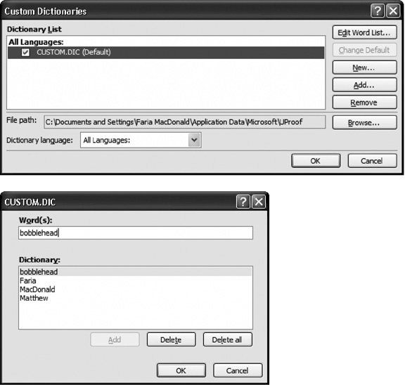 Top: Using the Custom Dictionaries dialog box, you can delete the current custom dictionary, add new ones, or edit the word list by hand.Bottom: If you click Edit Word List, then you see all the words in your custom.dic file. You can add new ones or remove entries that no longer apply.