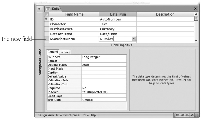 In the Dolls table, you need a field that identifies the manufacturer for that doll. It makes sense to add a new field named ManufacturerID. Set the data type to Number, and the Field Size to Long Integer, so it matches the ID field in the Manufacturers table. After you add this field, you need to fill it with the right information. (Each doll record should have the ID number of the corresponding manufacturer.)