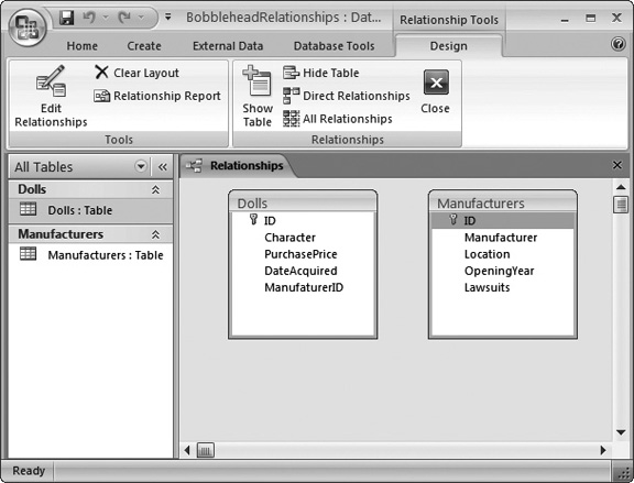 You can drag the tables you’ve added to any place in the window. If you have a database that’s thick with relationships, this ability lets you arrange them so that the relationships are clearly visible. To remove a table from the diagram, right-click it, and then choose Hide Table. To add another table, right-click the blank space, and then choose Show Table to pop up the Show Table dialog box.