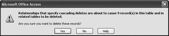 In this example, the Dolls-Manufacturers relationship uses the Cascade Delete Related Records setting. When you delete a manufacturer, Access warns you that you’ll actually end up deleting every linked doll record, for a total of nine records.