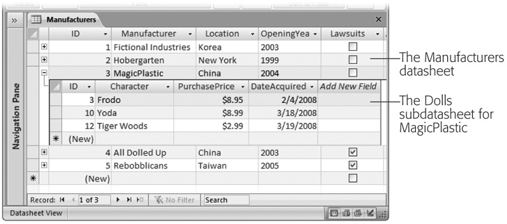 The subdatasheet’s really a filtered version of the ordinary Dolls datasheet. It shows only the records that are linked to the manufacturer you chose. The subdatasheet has all the same view settings (like font, colors, column order) as the datasheet for the related table.