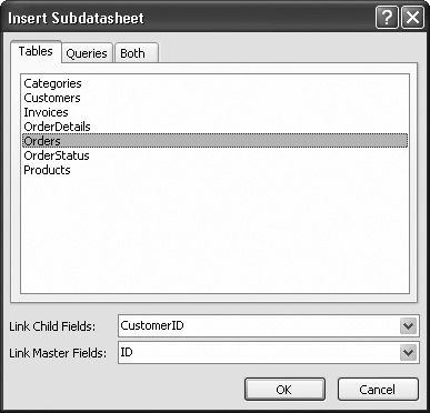 When Access doesn’t know which table to use as a subdatasheet, it lets you pick from a list of all your tables. In this case, only two choices make sense. Choose Orders to see the customer’s orders, or Invoices to see the customer’s invoices. When you select the appropriate table in the list, Access automatically fills in the linked fields in the boxes at the bottom of the window. You can then click OK to continue.