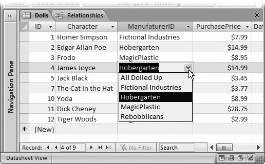 Even though the Dolls table stores an ID value in the ManufacturerID field behind the scenes, that’s not how it appears on your datasheet. Instead, you see the related manufacturer name (both onscreen and in any printouts you make). Even better, if you need to add a new record or change the manufacturer that’s assigned to an existing one, then you can pick the manufacturer from the list by name.