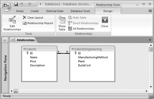 When you link two fields that don’t allow duplicates (and you have the Enable Referential Integrity option switched on), Access realizes that you’re creating a one-to-one relationship. Access places the number 1 at each side of the line to distinguish it from other types of relationships. In this example, the ID column in the Products table and the ID column in the ProductsEngineering table are both primary keys of their respective tables, so there’s no way to link more than one record in ProductsEngineering to the same record in Products.