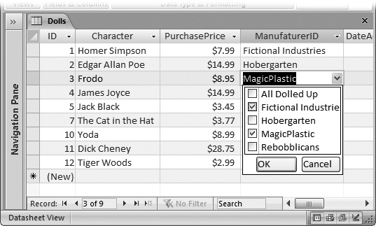 This lookup list uses checkboxes, because it’s on a multi-value field. You can select several values for a single record by checking more than one item. So you can indicate that a single doll was created by a two-manufacturer partnership.