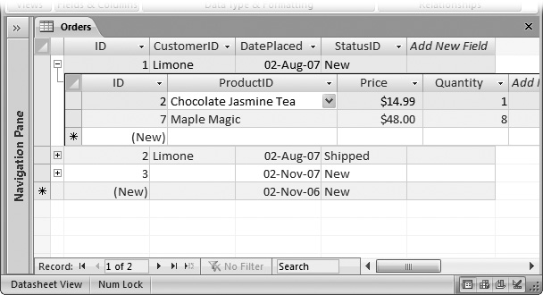 Thanks to the subdatasheet feature (Section 5.2.4), you can add an order record and the linked order items in the same place.