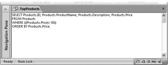 Here’s the SQL command for the TopProducts query, which finds products that cost more than $50. If you’re intimidated, then you can jump back to another view at any time by right-clicking the tab title, and then choosing Design View or Datasheet View.