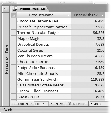 The query results now show a PriceWithTax field, with the result of the 10 percent markup. The neat part’s that this calculated information’s now available instantaneously, even though it isn’t stored in the database. Try and beat that with a pocket calculator.