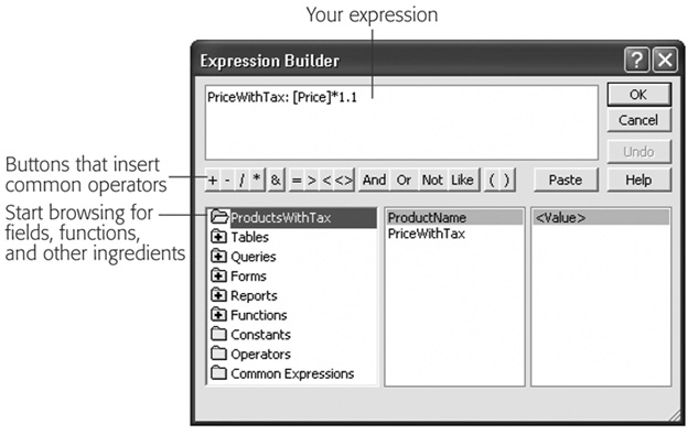 The Expression Builder consists of a text box at the top of the window, where you can edit your expression, some buttons that quickly insert common operators (like +, -, /, and *, if for some reason you can’t find them on the keyboard), and a three-paned browser at the bottom of the window that helps you find fields and functions you want to use.