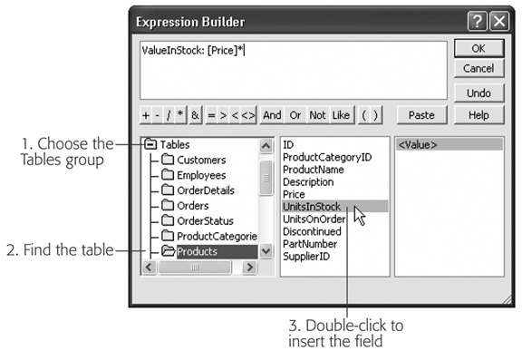 To pop in a new field name, double-click the Tables folder in the leftmost list. Then, click the subfolder that corresponds to the table you want to use. Finally, double-click the field name in the middle list to insert it into your expression. This technique’s recommended only for those who love to click.