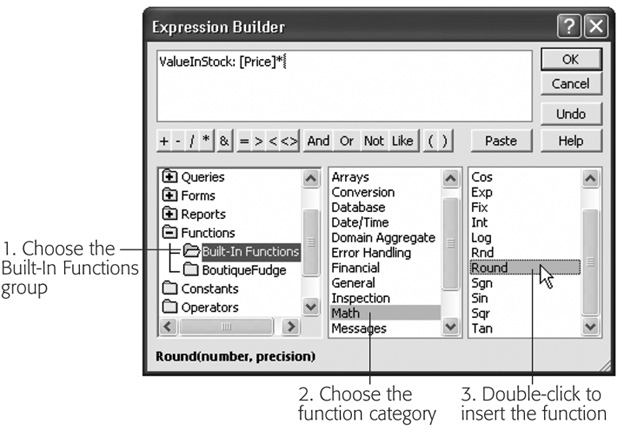 To find a function, start by double-clicking the Functions folder in the list on the left. Then, choose the Built-In Functions subfolder. (The other option shows you any custom functions that you’ve added to your database using custom VBA code.) Next, choose a function category in the middle list. The list on the right shows all the functions in that category. You can double-click the function to insert it into your expression.