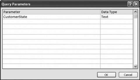 You can define as many parameters as you want. Here, the window defines a single parameter named CustomerState, which contains text.