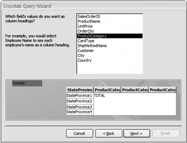 As you move through the wizard, Access shows a mini-preview of the structure of your in-progress crosstab query at the bottom of the window. In this example, rows are grouped by StateProvince and columns by ProductCategory.