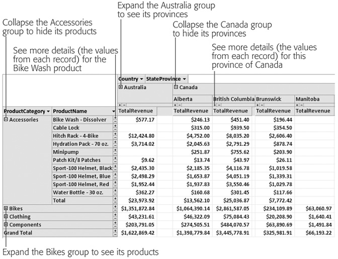 Use the plus (+) button to show the details for a collapsed group and the minus (-) button to hide the details for one that’s expanded. In this pivot chart, all the product groups are collapsed except for Accessories. Also, the country Australia is collapsed, so you see only the totals (not the region-by-region breakdown).