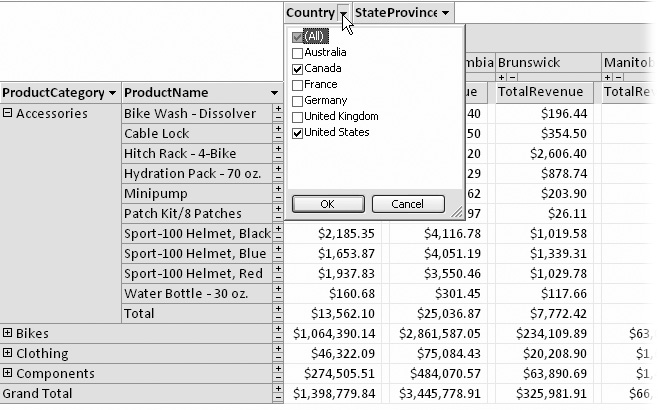 The quick filtering feature lets you hide specific items you don’t want in your pivot table. When this sort of filtering is in place, the drop-down arrow for the appropriate field turns from black to blue.