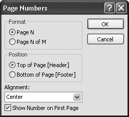 With page numbers, you can choose the format, the position, and the alignment. (The position determines whether the page numbers appear above or below the report data. Although you can drag the page numbers around after you add them, Access will shift the report data to make room, based on your choice.)