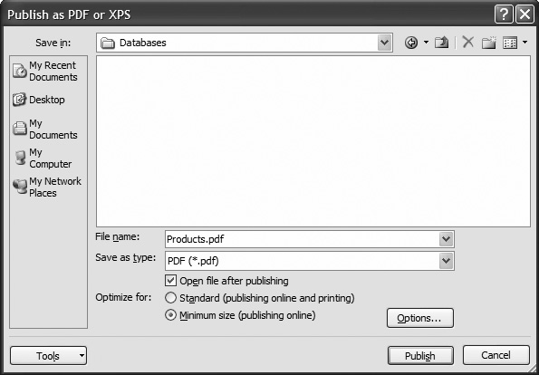 The “Publish as PDF or XPS” dialog box looks a lot like the Export As dialog box, except it has a Publish button instead of an Export button. You can turn on the “Open file after publishing” checkbox to tell Access to open the PDF file in Adobe Reader (assuming you have it installed) after the publishing process is complete, so you can check the result.