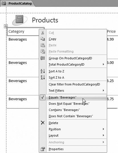 The quick filtering options you see vary based on the data type. Here, the filtering options let you set a variety of filters based on the term “Beverage.”
