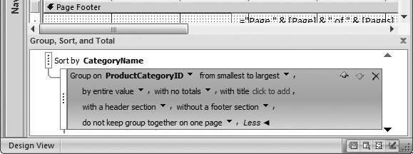 The Group, Sort, and Total pane gives you a quick way to set up subtotals, headers and footers, and page break options for each level of grouping you use.
