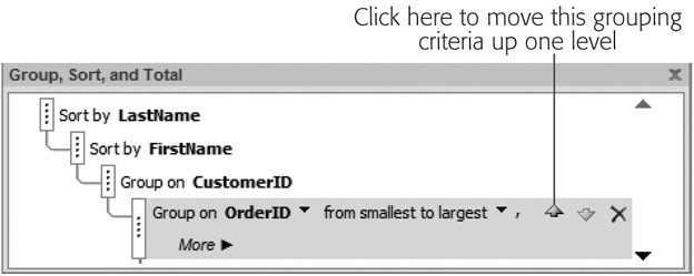 Access applies groups in a top-to-bottom order. So in this example, the results are grouped by CustomerID, and then by OrderID. If you don’t want this outcome, then select one of the grouping levels, and then click the up or down arrow button to move it. (To remove a grouping level altogether, select it and then press Delete.)