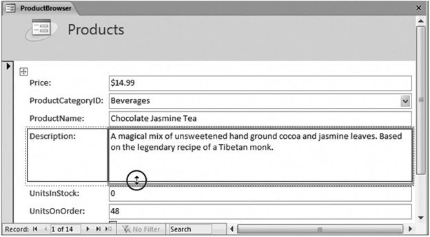 Here, the Description field is being heightened to fit more lines of text at a time. You can also make a field wider or narrower, but there’s a catch—when you do so, it affects the entire column. In this report for the Products table, every field always has the same width. (You’ll learn how to get around this limitation later in Section 12.3.)