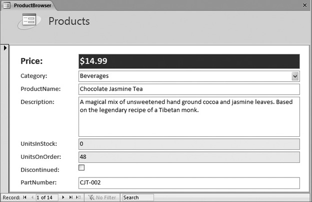 You can select the field header (Price, for example) and the box with the field value separately, which means you can give these components different formatting. This form gives a shaded background fill to the Price, UnitsInStock, and UnitsOnOrder fields. It also gives a larger font size to the Price field and Price header, so this information stands out.