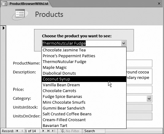 In this form, a list box lets you jump to the product you want with one click. Notice that this list doesn’t take the place of the ProductName text box control. You use the list to find the record you want, and the text box to change the product name. Of course, if you never needed to change product names in this form, you wouldn’t need to include the ProductName text box.