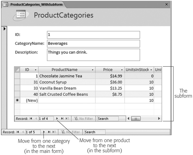 This form lets you browse through the different product categories. Each time you move to a new category, a mini datasheet on the form shows the linked product records. Using this form, you can edit products and product category information.