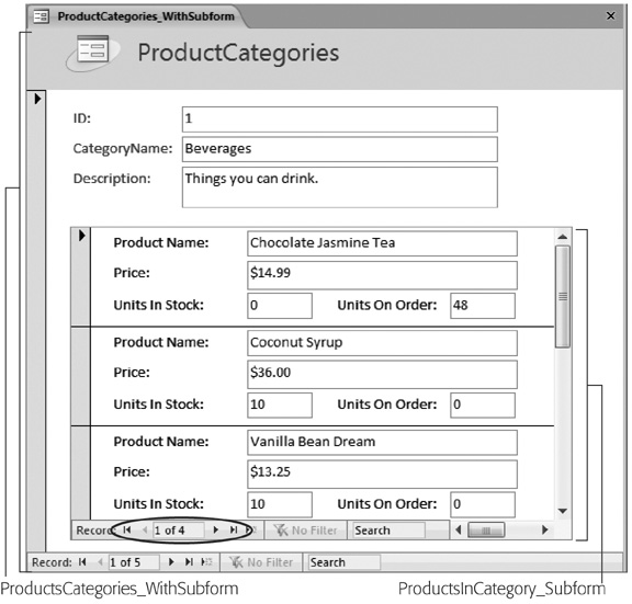 Thanks to the magic of subforms, this window actually shows two forms at once: ProductCategories_ WithSubform and ProductsInCategory_ Subform. In this example, the subform uses Continuous Form view (Section 12.3.5), so it shows a list of all the matching products. To see the rest of the products, you need to use the second set of navigation buttons (circled).