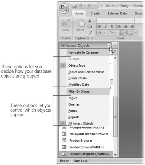 When you’re ready to tell Access how to arrange objects in the navigation pane, make your selection in the menu’s top portion (named Navigate to Category). The current choice—Object Type—groups tables, queries, forms, and reports into separate sections. To decide which objects appear, make a selection in the menu’s bottom portion (named Filter By Group). These options let you decide how your database objects are grouped These options let you control which objects appear