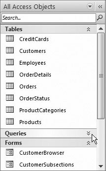 Click the collapse arrows to quickly hide the objects in a particular section. In this example, the queries group’s collapsed neatly out of the way.