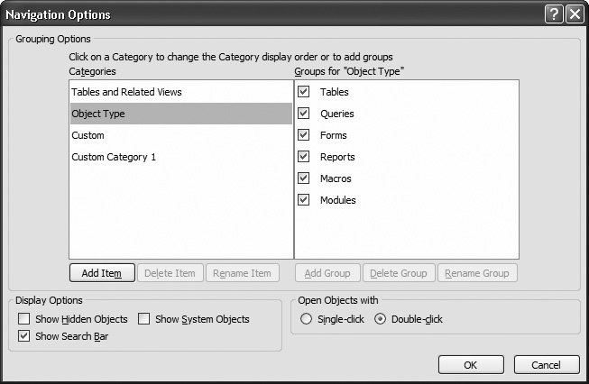 The list on the left shows the different ways you can categorize the navigation pane. You don’t see the Created Date and Modified Date options, because you can’t customize those. The list on the right shows the groups in the currently selected category.