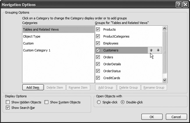 To move a group, just select it. An up and down arrow icon appears in the item, as shown here. You can click these arrows to move the group up or down.