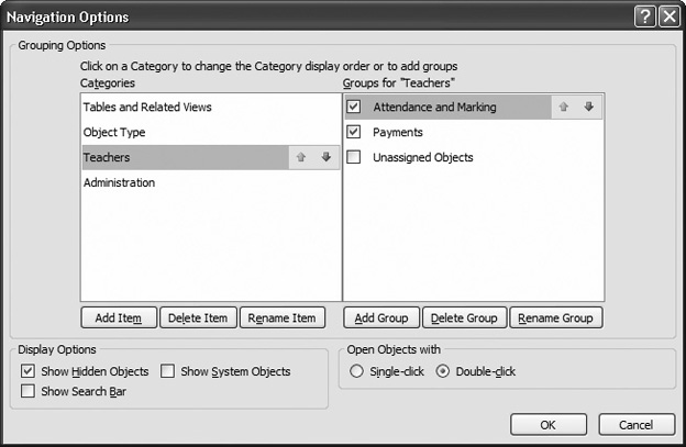 One reason you might create multiple views is if different people use your database. In the Cacophoné Studios example, the administrative staff sees forms for creating classes and adding students (using the Administration view), while the teachers get to print attendance lists and create assignments (using the Teachers view, which is selected here). As you can see, the Teachers view contains a category named “Attendance and Marking” and one named “Payments”. Each has its own set of forms and reports.