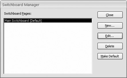 The Switchboard Manager shows a list of pages. Each page is a separate part of the switchboard’s menu. The simplest, most straightforward switchboards have only one page, which means they’re only one level deep and every button performs a useful action (like opening a form or report).