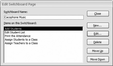 The Edit Switchboard Page window lets you create menu commands, remove ones you don’t want anymore, and rearrange them (their order dictates their order on the switchboard form).