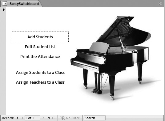 This custom switchboard’s just an ordinary form with a lot of navigation buttons. The advantage to crafting your own switchboard is that you can make everything just the way you like it. The disadvantage is that it’s more work to update when the database changes. Every time you add a new form, you need to modify your switchboard’s design to use it.