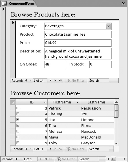 This compound form’s an all-in-one dashboard for adding and reviewing products and reviewing the customer list. The prebuilt templates that Access includes (Section 1.2.1) often use compound forms to put several related editing tasks in one place.