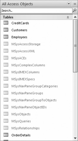 Here, the navigation pane shows a bunch of system tables, which are ordinarily hidden. You can open them to take a look, but you’ll have a hard time making sense of the (mostly numeric) data they contain.