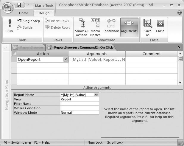 You’ll learn much more about this window in Chapter 15. For now, all you need to know is that this macro has a single action (represented by the single line in the grid). That action opens a report (as indicated by the OpenReport value in the Action column). The Arguments column has all the additional information—namely, which report to open.